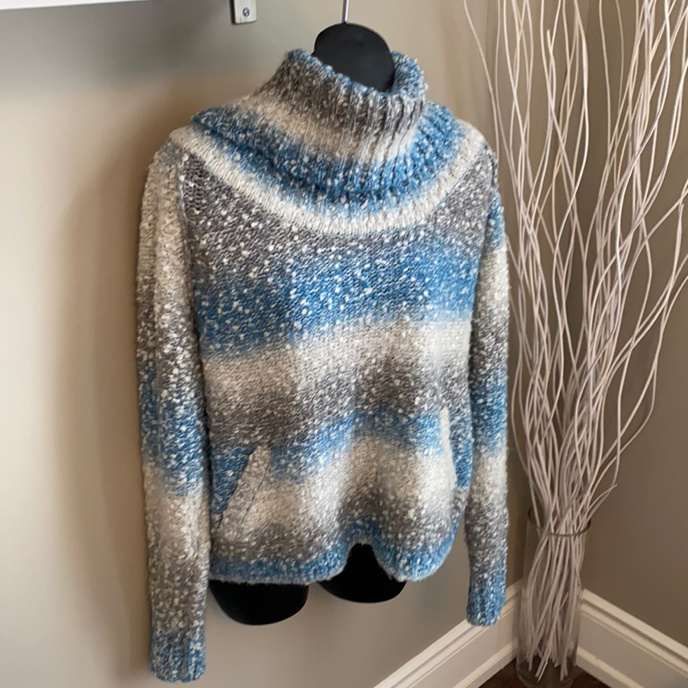 Blue white and grey cowl neck sweater